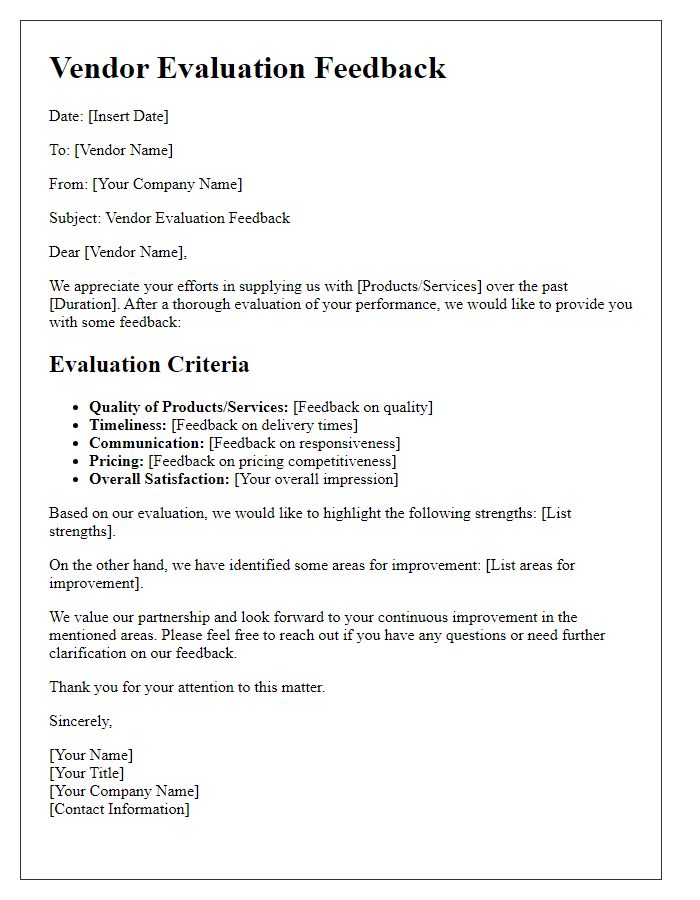 Letter template of Vendor Evaluation Feedback