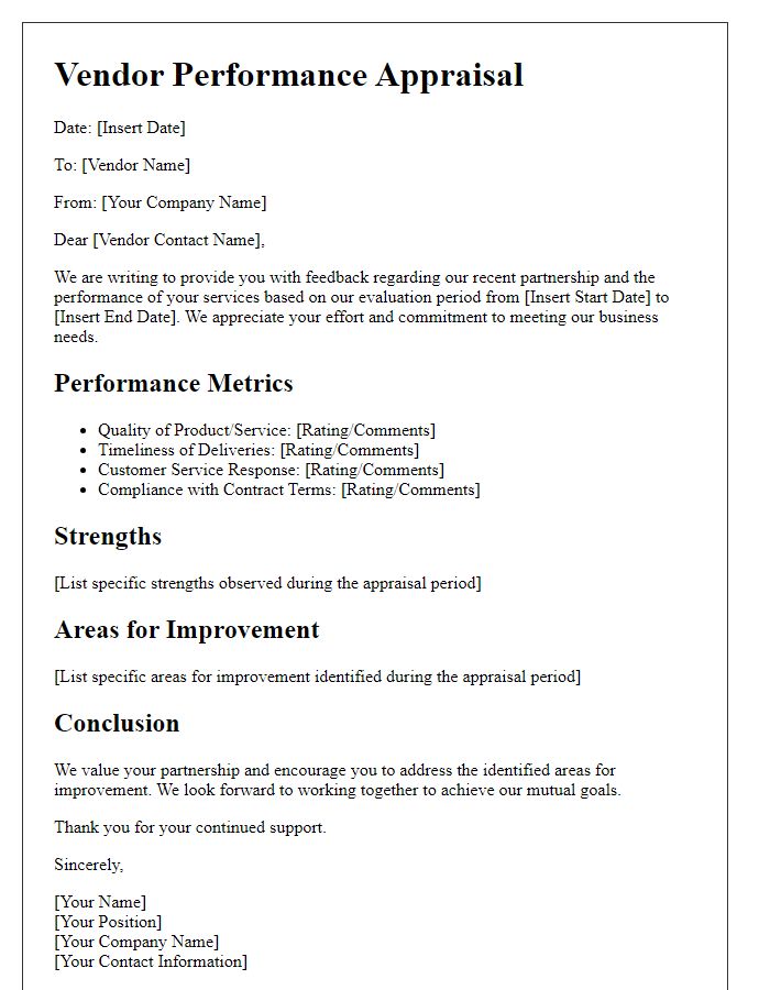 Letter template of Vendor Performance Appraisal