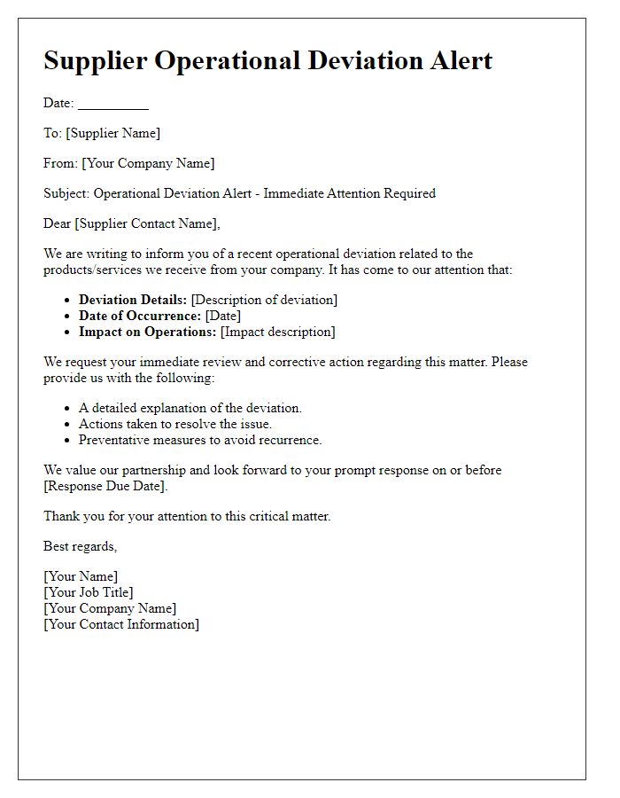 Letter template of supplier operational deviation alert