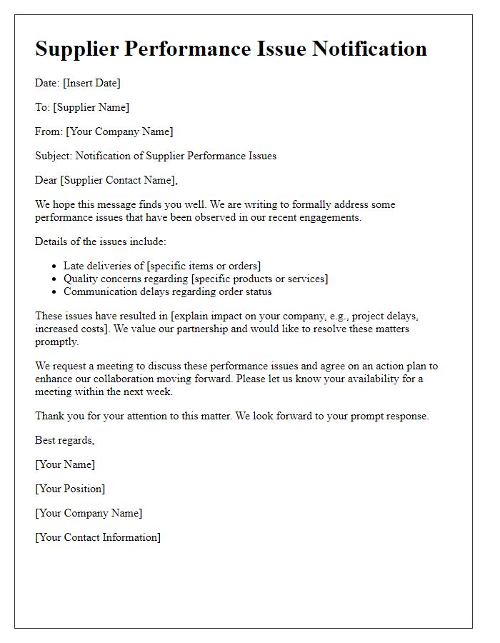 Letter template of supplier performance issue notification