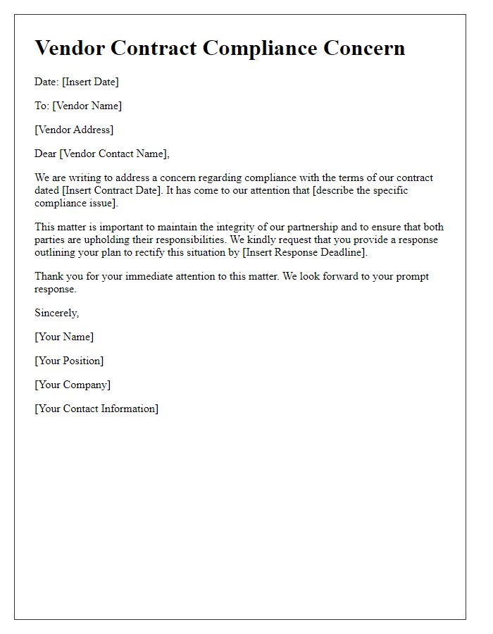 Letter template of vendor contract compliance concern