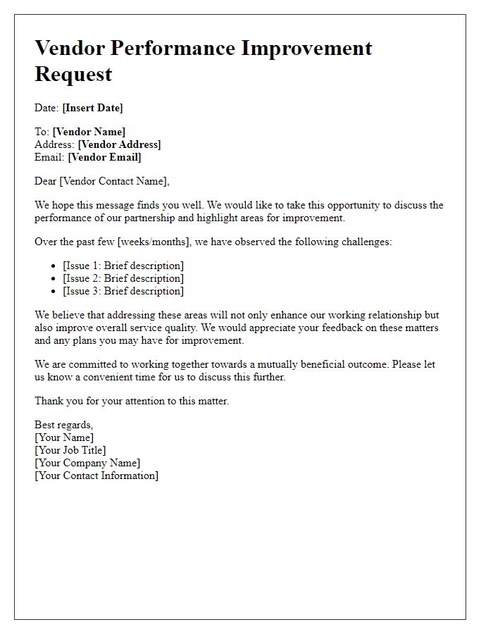 Letter template of vendor performance improvement request