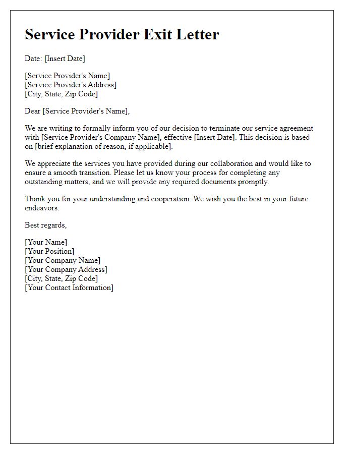 Letter template of Service Provider Exit Letter