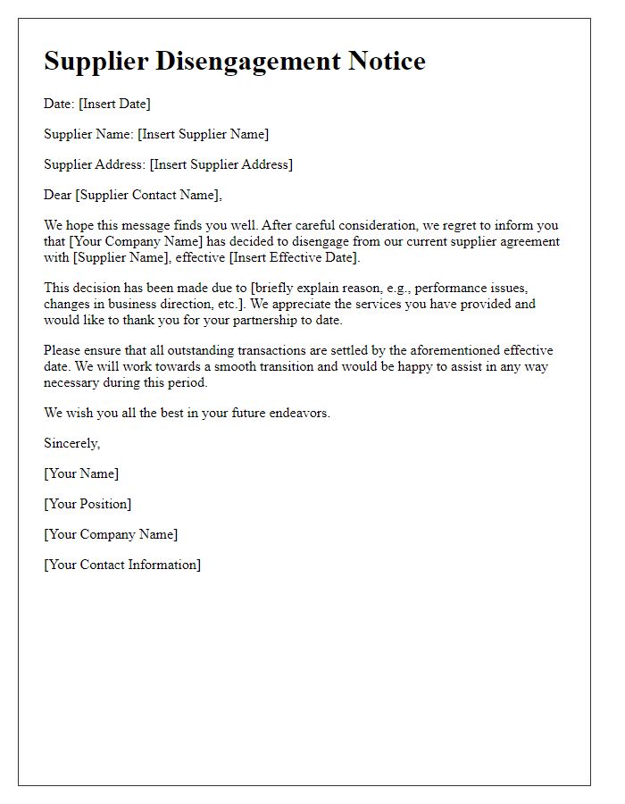 Letter template of Supplier Disengagement Notice