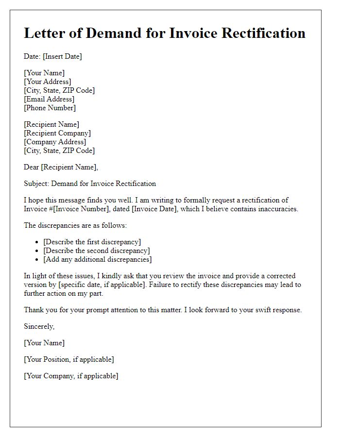 Letter template of demand for invoice rectification