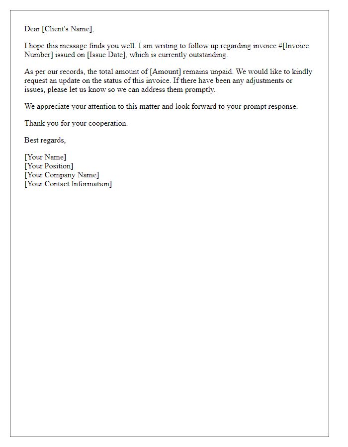 Letter template of follow-up on unpaid invoice adjustments