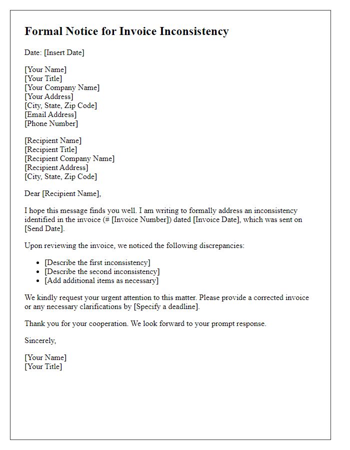 Letter template of formal notice for invoice inconsistency