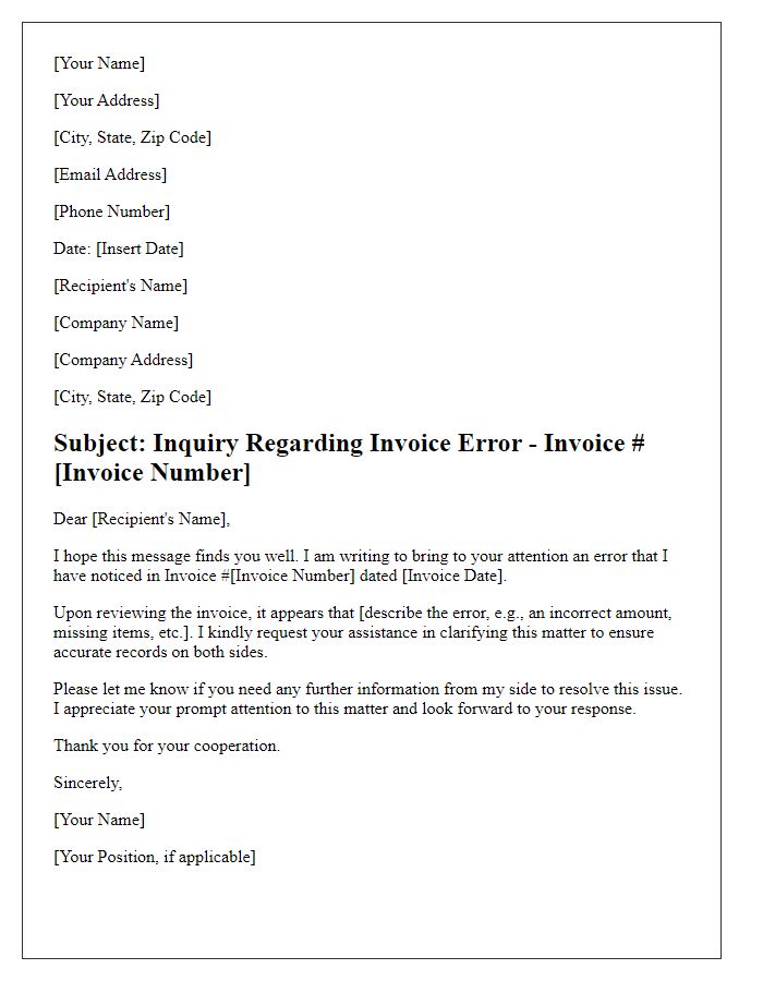 Letter template of inquiry regarding invoice error