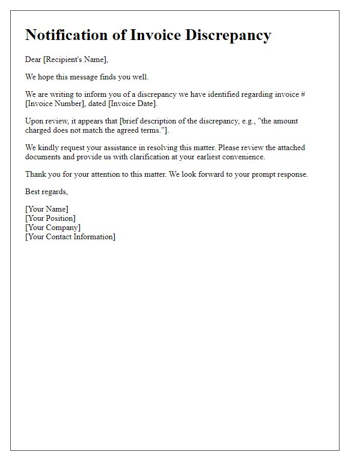 Letter template of notification for invoice discrepancy
