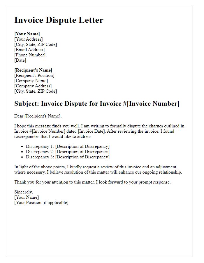 Letter template of outline for invoice dispute