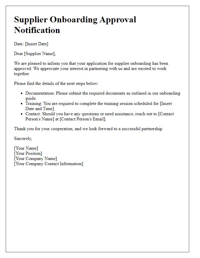 Letter template of Supplier Onboarding Approval Notification