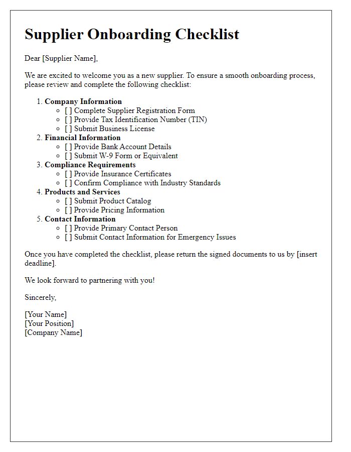 Letter template of Supplier Onboarding Checklist