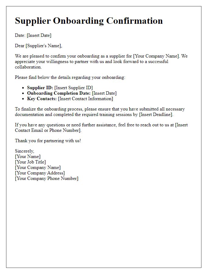 Letter template of Supplier Onboarding Confirmation