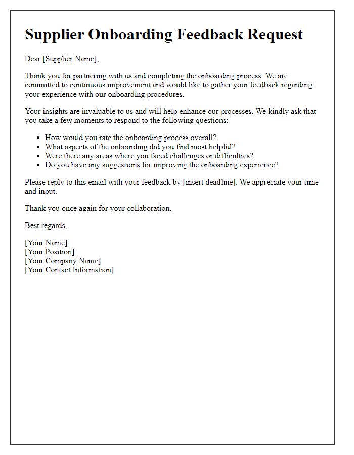 Letter template of Supplier Onboarding Feedback Request