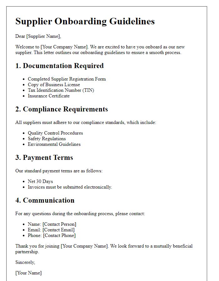 Letter template of Supplier Onboarding Guidelines