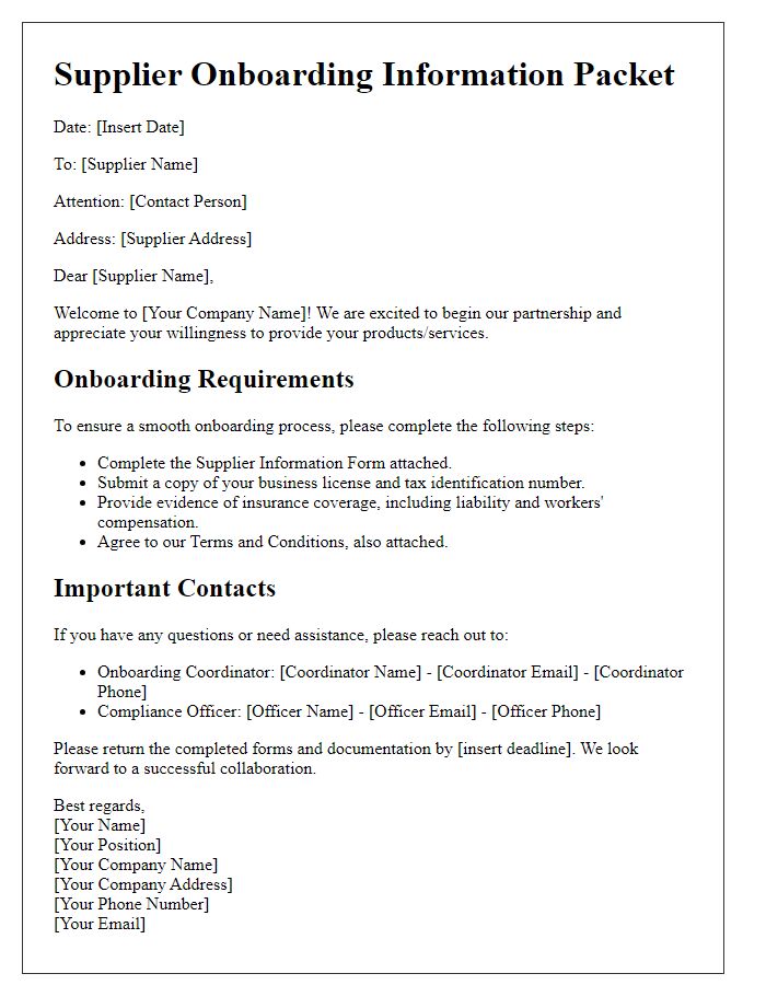 Letter template of Supplier Onboarding Information Packet