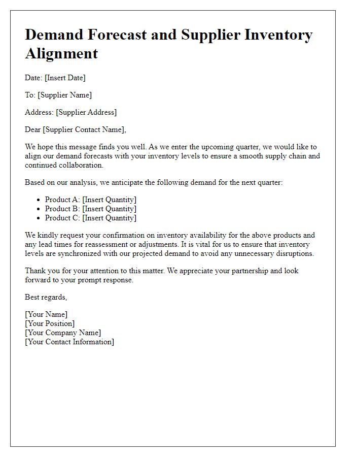 Letter template of demand forecast and supplier inventory alignment