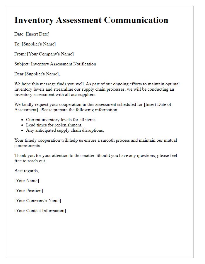 Letter template of inventory assessment communication for suppliers