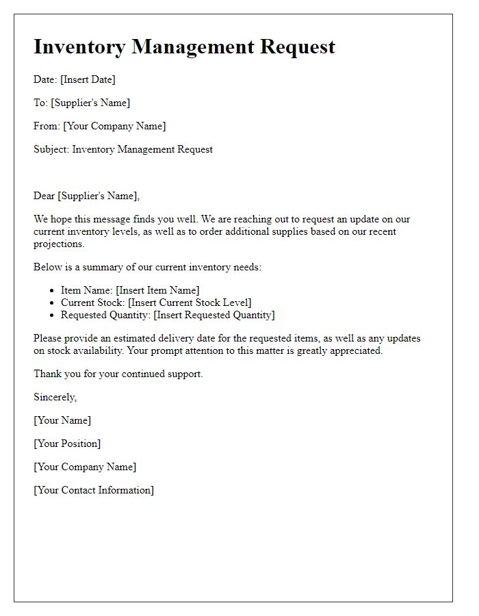 Letter template of inventory management request for suppliers