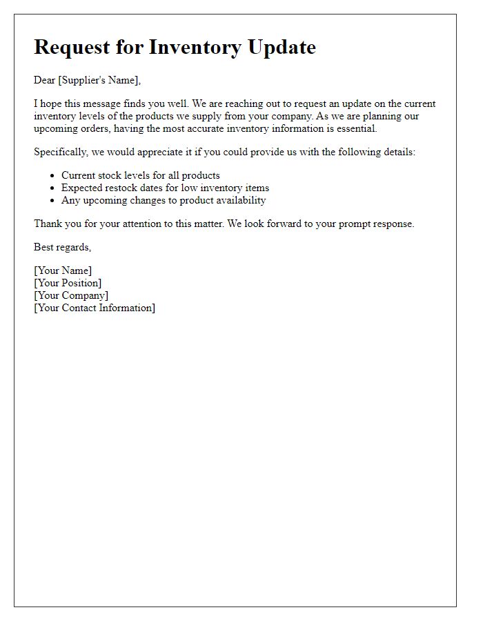 Letter template of request for supplier inventory updates