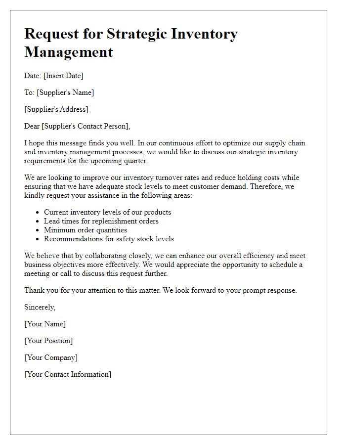 Letter template of strategic inventory management request for suppliers