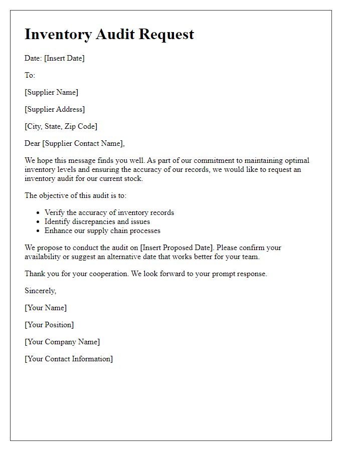 Letter template of supplier inventory audit request