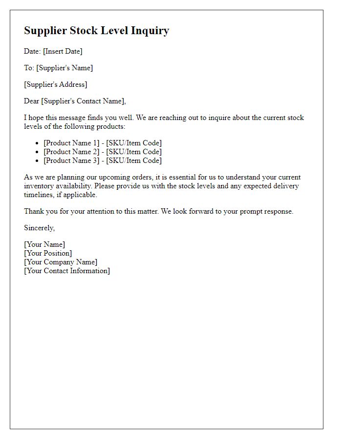 Letter template of supplier stock level inquiry