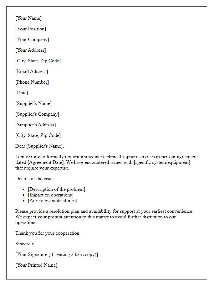 Letter template of demand for technical support services from supplier.