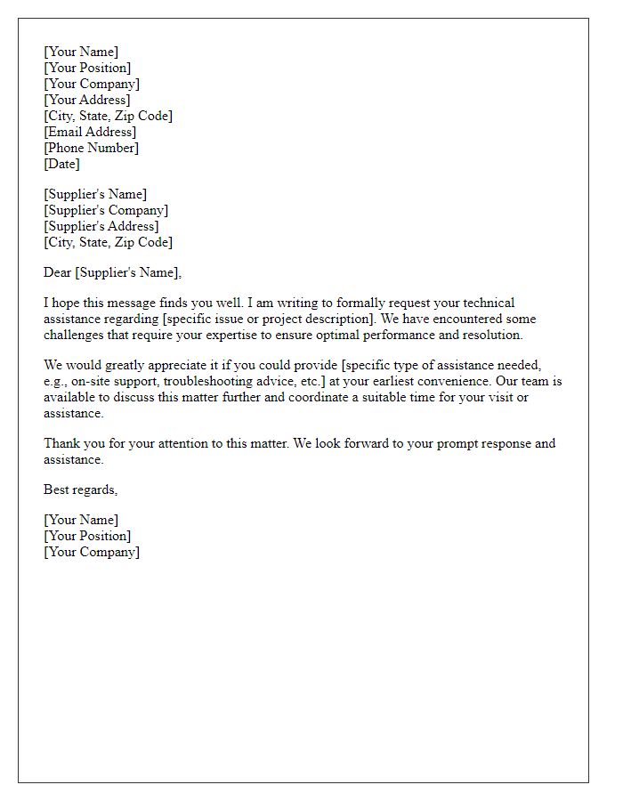 Letter template of request for supplier technical assistance.