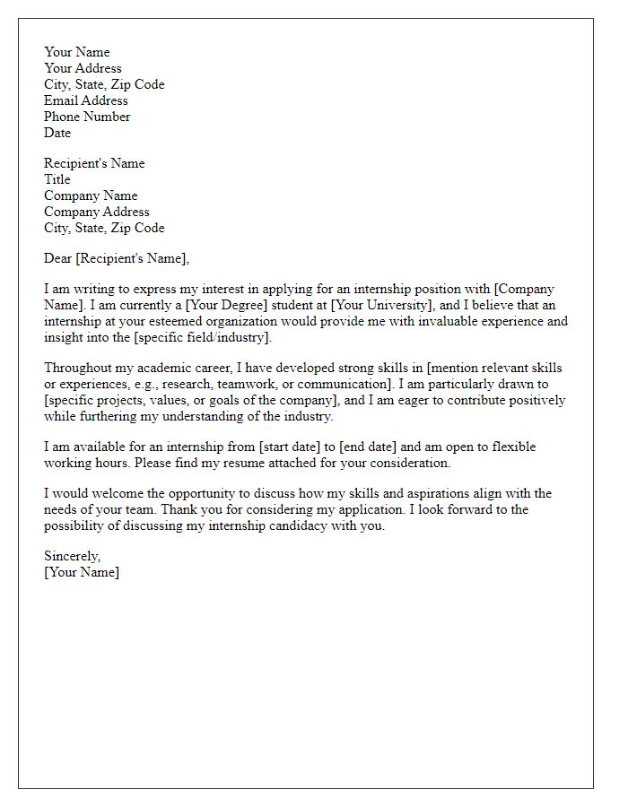 Letter template of Formal Internship Request