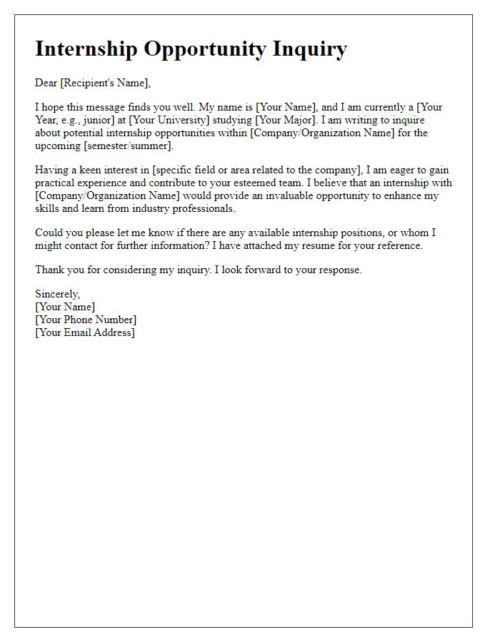 Letter template of Internship Opportunity Inquiry