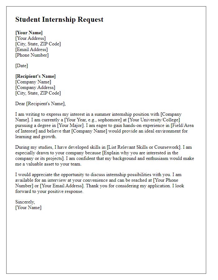 Letter template of Student Internship Request