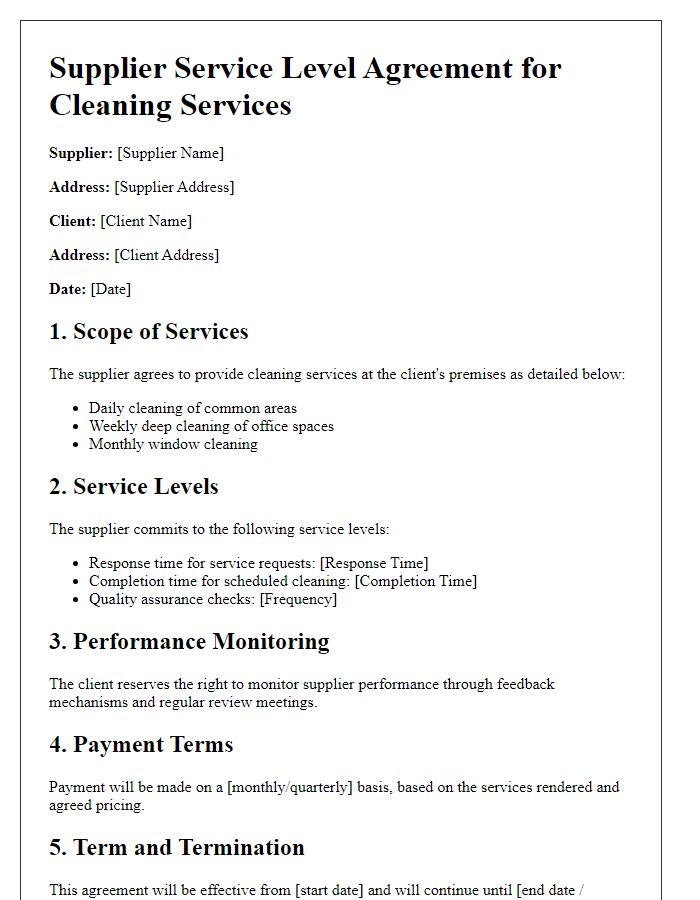 Letter template of Supplier Service Level Agreement for Cleaning Services