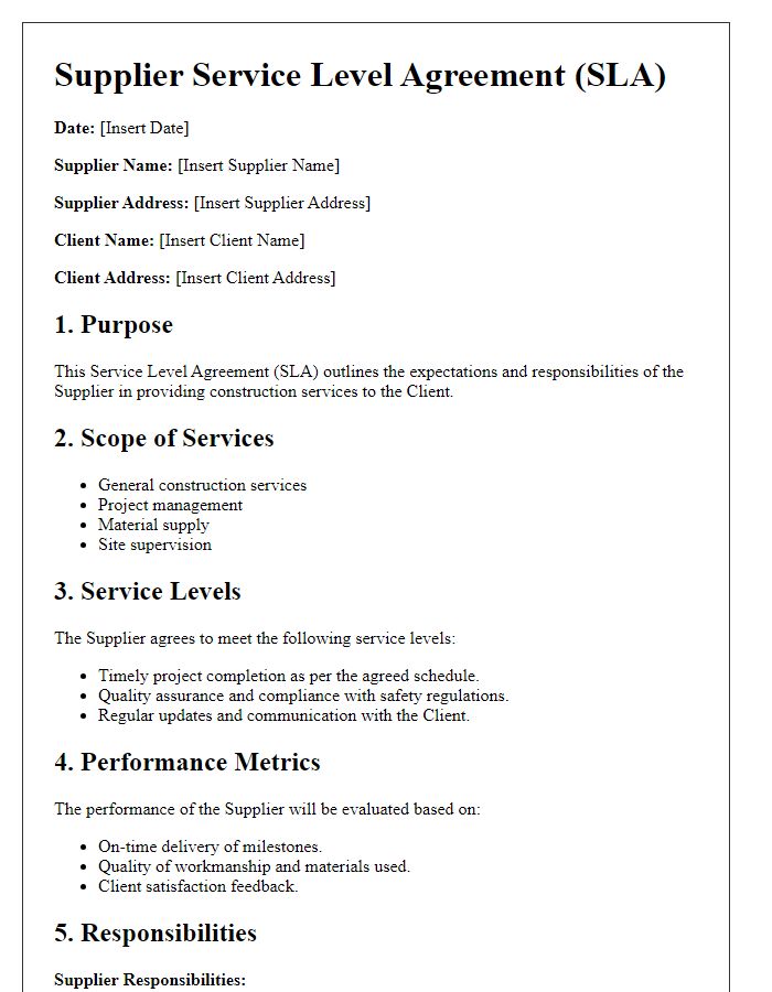 Letter template of Supplier Service Level Agreement for Construction Services