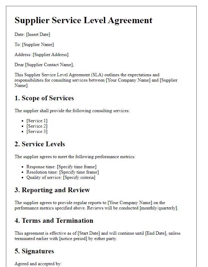 Letter template of Supplier Service Level Agreement for Consulting Services