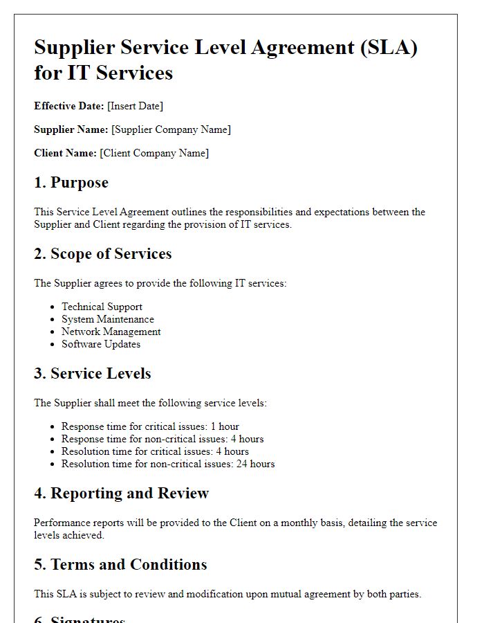 Letter template of Supplier Service Level Agreement for IT Services