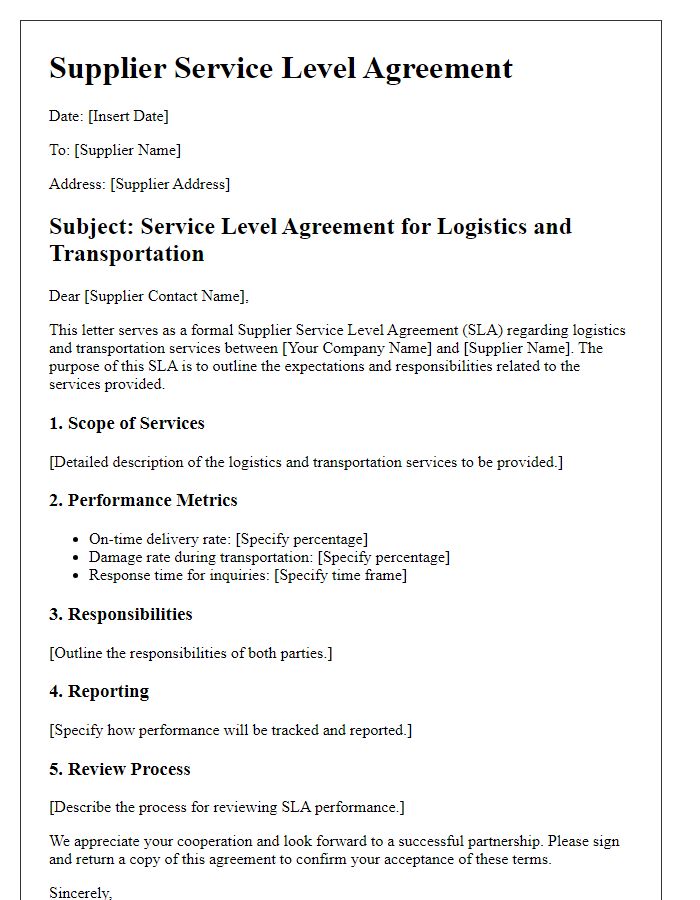 Letter template of Supplier Service Level Agreement for Logistics and Transportation