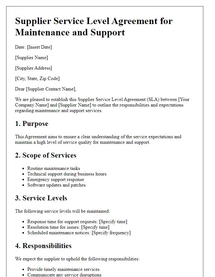 Letter template of Supplier Service Level Agreement for Maintenance and Support