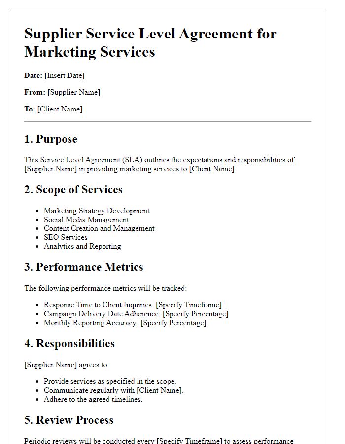 Letter template of Supplier Service Level Agreement for Marketing Services