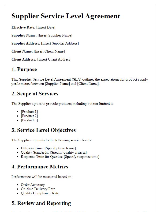 Letter template of Supplier Service Level Agreement for Product Supply