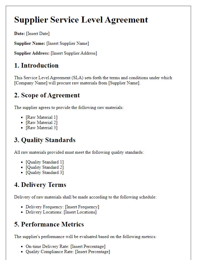 Letter template of Supplier Service Level Agreement for Raw Materials Procurement