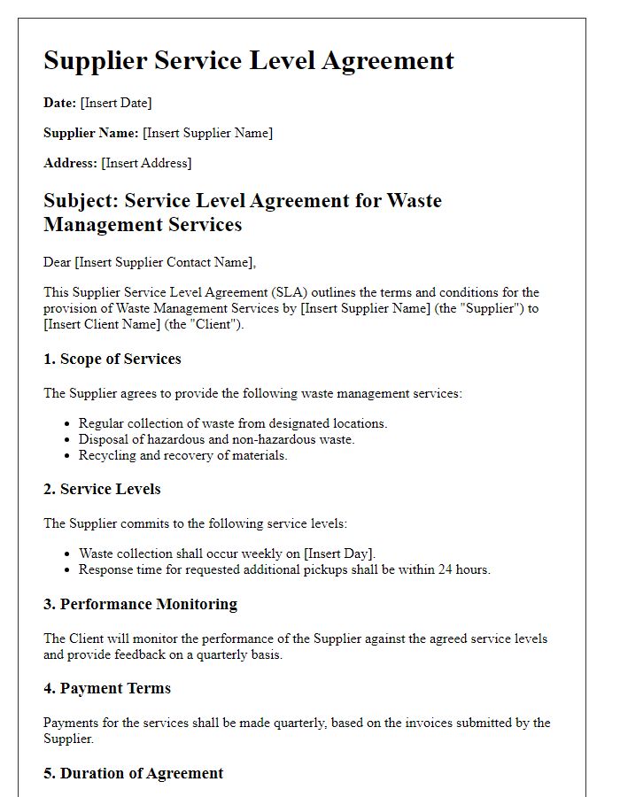 Letter template of Supplier Service Level Agreement for Waste Management Services