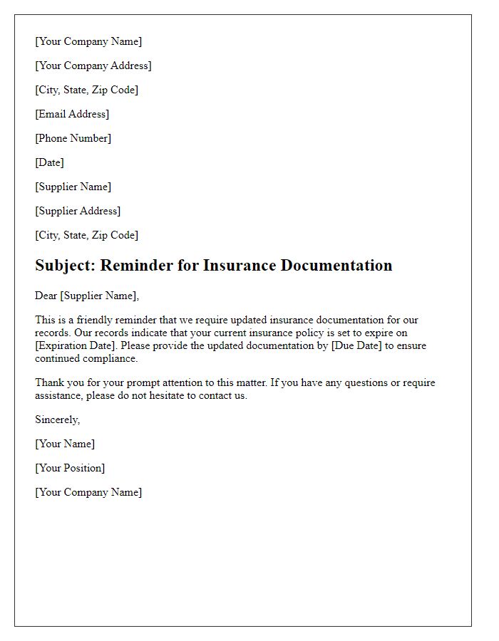 Letter template of supplier insurance documentation reminder