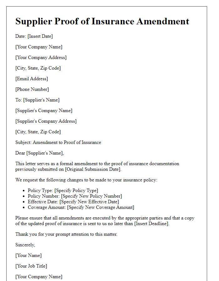 Letter template of supplier proof of insurance amendment