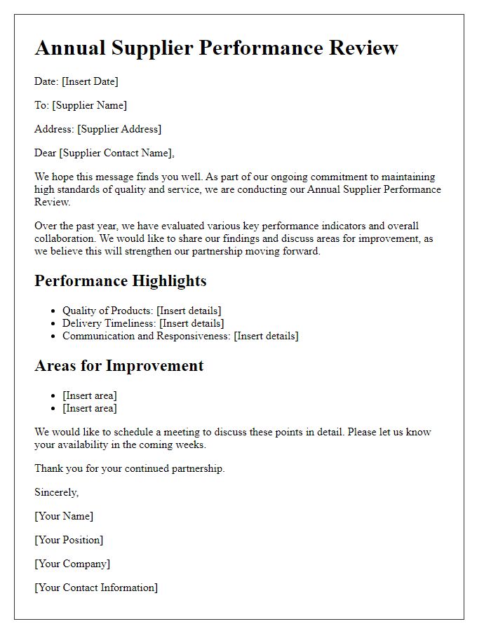 Letter template of Annual Supplier Performance Review