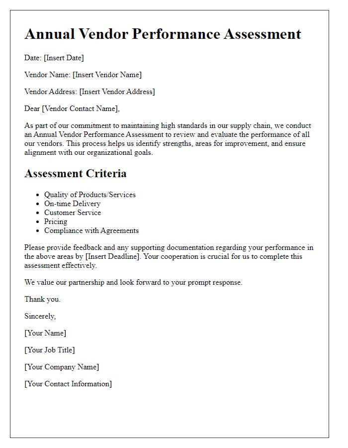 Letter template of Annual Vendor Performance Assessment