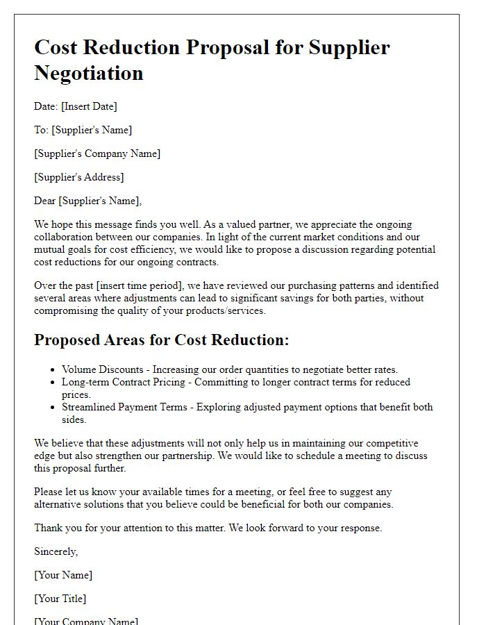 Letter template of Cost Reduction Proposal for Supplier Negotiation