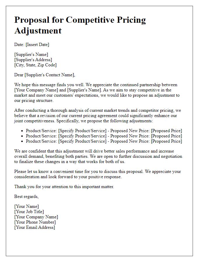 Letter template of Proposal for Competitive Pricing Adjustment from Supplier