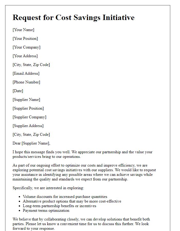 Letter template of Request for Cost Savings Initiative from Supplier