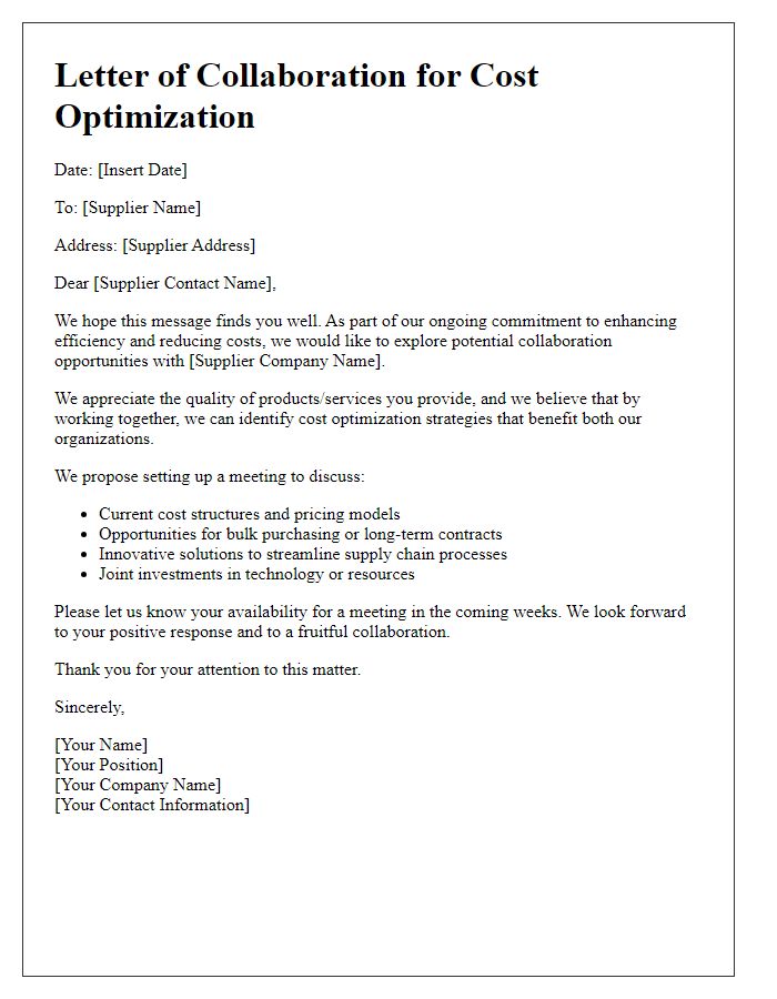 Letter template of Supplier Collaboration on Cost Optimization